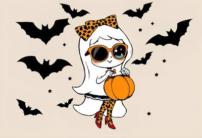 Ghost girl in shades holds a pumpkin on halloween