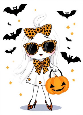 Girl in white dress trick-or-treats on halloween