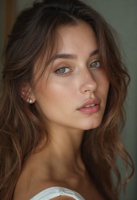 A woman with long brown hair looks at the camera