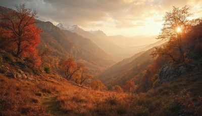 A scenic view of a mountain valley at sunset