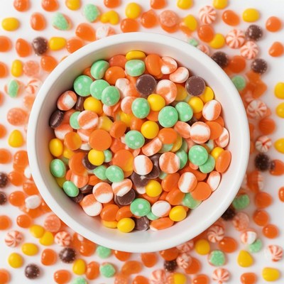 A bowl of colorful candy sits on a white surface