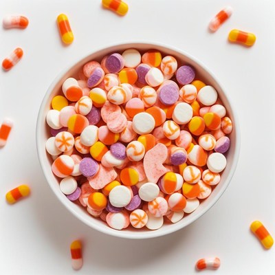 A bowl of colorful candy on a white background