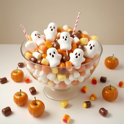A bowl of candy with ghost-shaped marshmallows for halloween