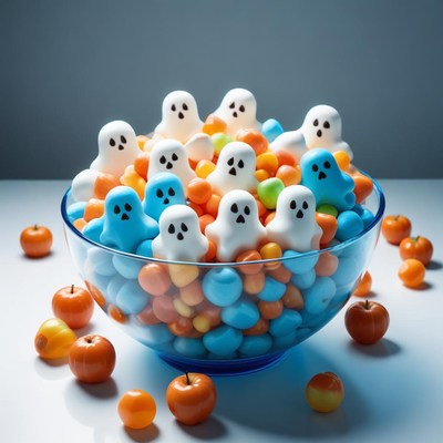 A bowl of candy with ghost-shaped marshmallows
