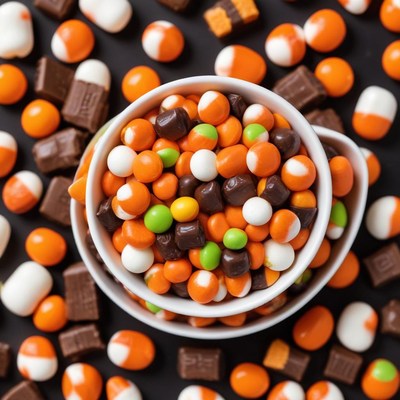 A bowl of halloween candy sits on a black surface