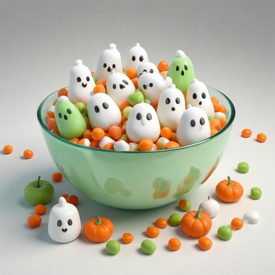 Ghost-shaped candies with pumpkins on a table