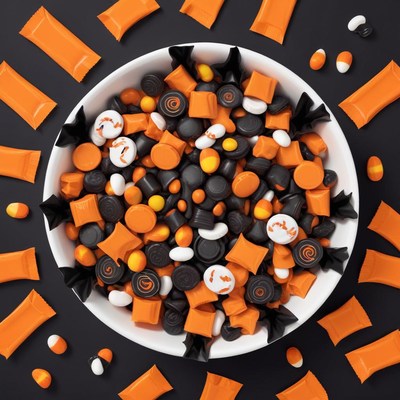A bowl of halloween candy sits on a black table