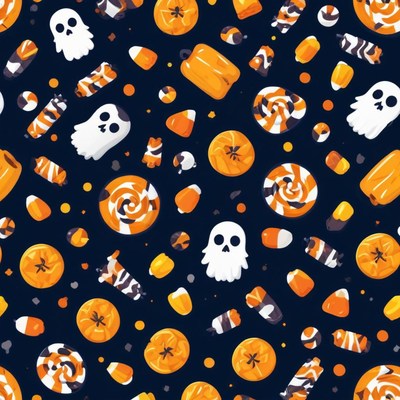 A spooky pattern with ghosts, candy corn, and lollipops