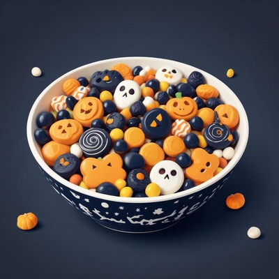 A bowl of halloween candy sits on a blue table