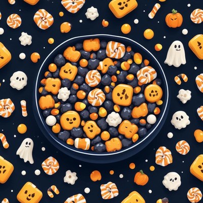 A bowl of halloween candy sits on a dark surface