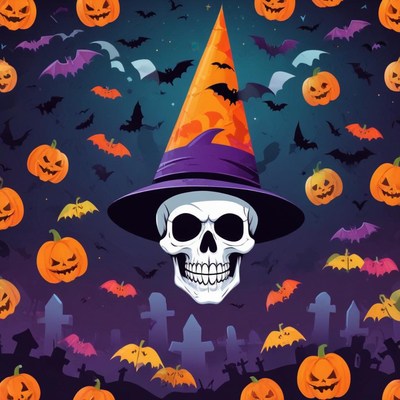 Skull in a witch hat with bats and pumpkins