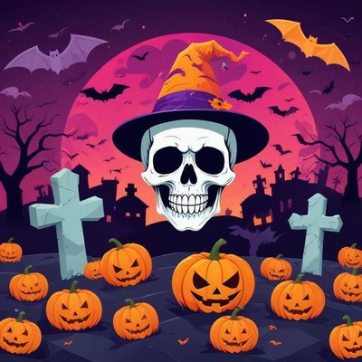 Skull in a witch hat by a spooky graveyard
