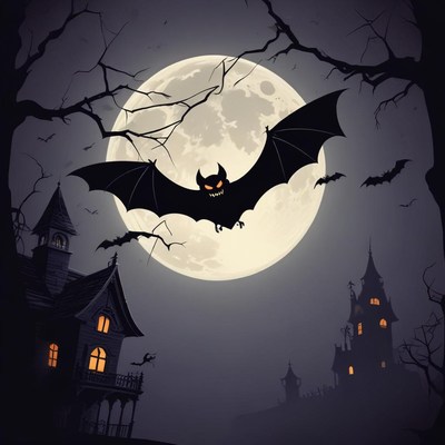 A bat flies in front of a full moon over spooky houses