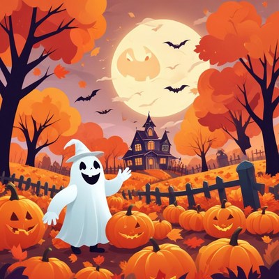 A ghost waves by a spooky house on halloween night