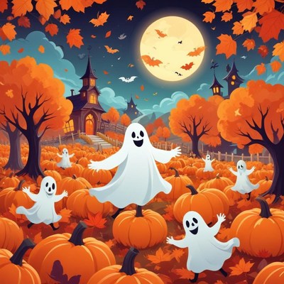 Ghosts dance in a pumpkin patch on a spooky halloween night
