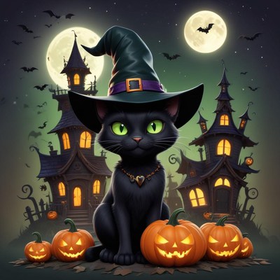 Black cat in a witch hat by a spooky house