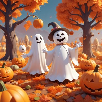 Two ghosts smile among pumpkins in a fall forest