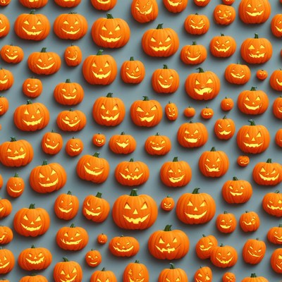 Lit jack-o'-lanterns on a gray background