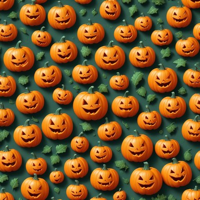 Carved pumpkins arranged on a green background