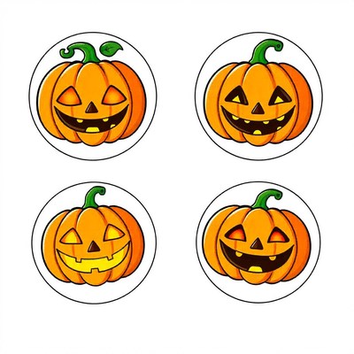Four smiling jack-o'-lantern faces