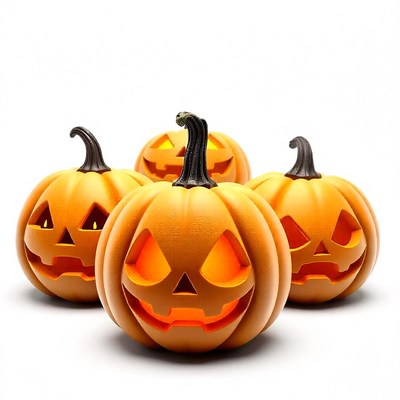 Three lit jack-o'-lanterns on a white background