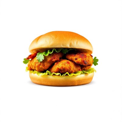 A crispy chicken sandwich on a white background