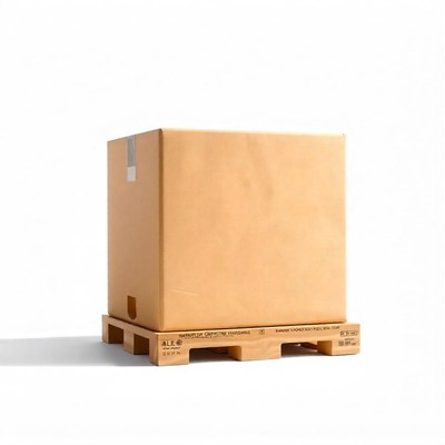 A cardboard box sits on a wooden pallet