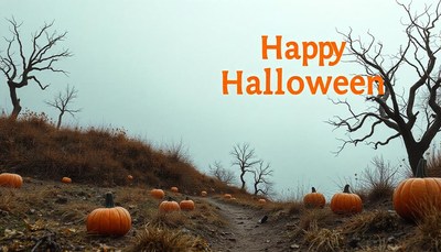 Pumpkins line a path leading into a spooky forest