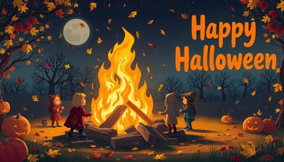 Children gather around a bonfire on a halloween night