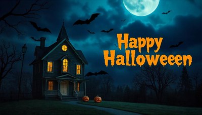 A spooky house sits under a full moon on halloween night