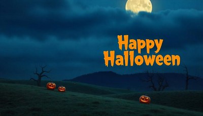 Happy halloween with a full moon and jack-o'-lanterns