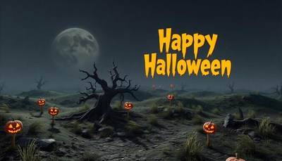 Spooky pumpkins, dead tree, full moon. happy halloween!