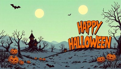 A cartoon illustration of a spooky halloween landscape