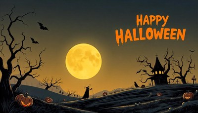 Happy halloween with a full moon and spooky silhouettes