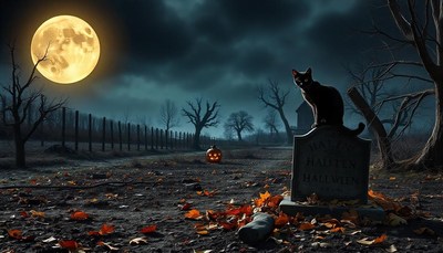 Black cat on tombstone beneath full moon