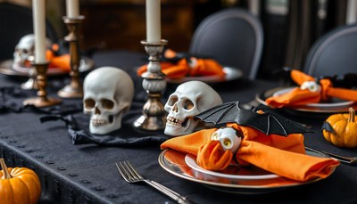 A spooky halloween table setting with skull napkin rings