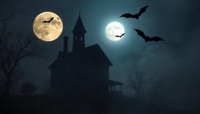 A spooky house silhouetted against the moon