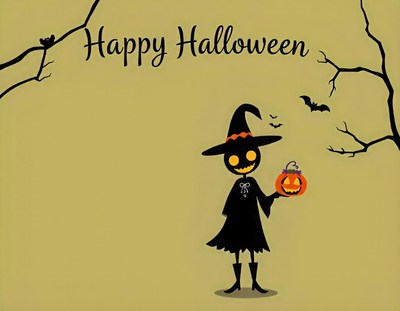 A witch holds a pumpkin on a green background