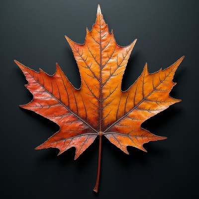 A single maple leaf rests on a dark surface