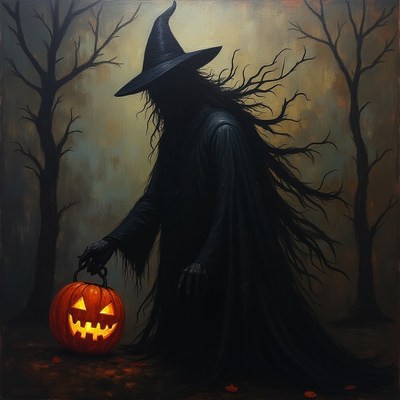Witch strolls in dark forest with jack-o'-lantern