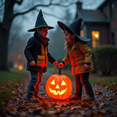 Kids in witch hats carry a jack-o'-lantern on halloween