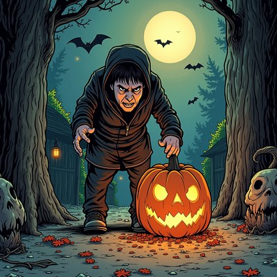 Man in a hoodie next to a glowing jack-o'-lantern