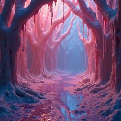 A surreal forest path with pink trees and a glowing mist