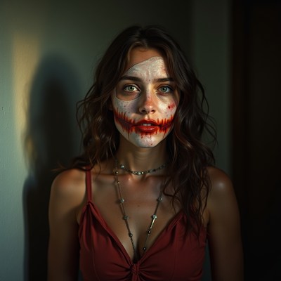 A woman with a red smile stands in front of a wall