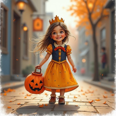 Girl in a princess costume strolls on halloween