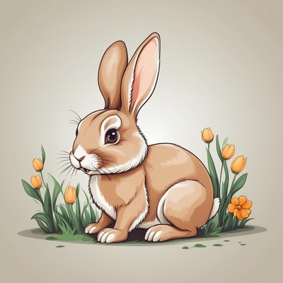 A cute brown bunny sits among yellow flowers