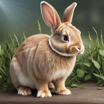 A brown rabbit sits on a wooden surface with grass behind it