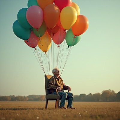 An elderly man sits in a chair lifted by balloons in a field