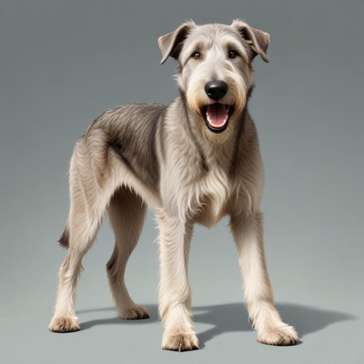 A happy dog stands against a gray background