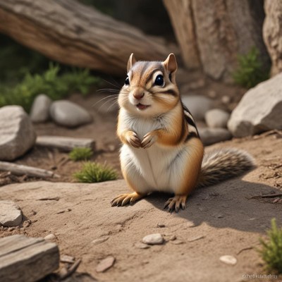 A chipmunk sits on a rock in a forest